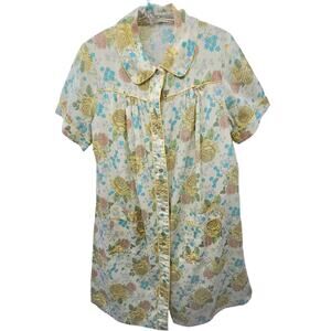 Vintage 60s‎ Floral Collared Snap Front Short Sleeve Home Sewn House Dress